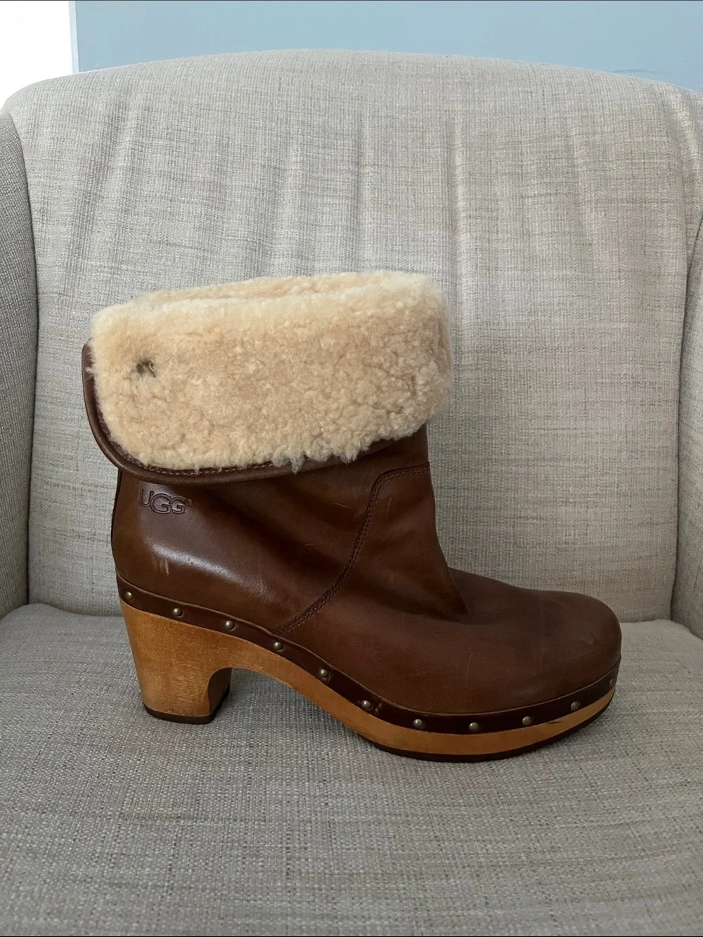 UGG Brown Leather Clog Heeled Boots - Picture 1 of 12